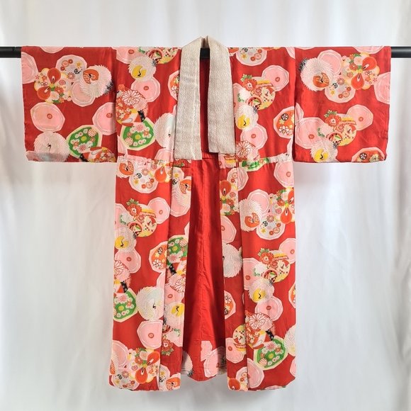 Vintage Other - Vintage red japanese kimono, floral crane print, red pink green, handmade
